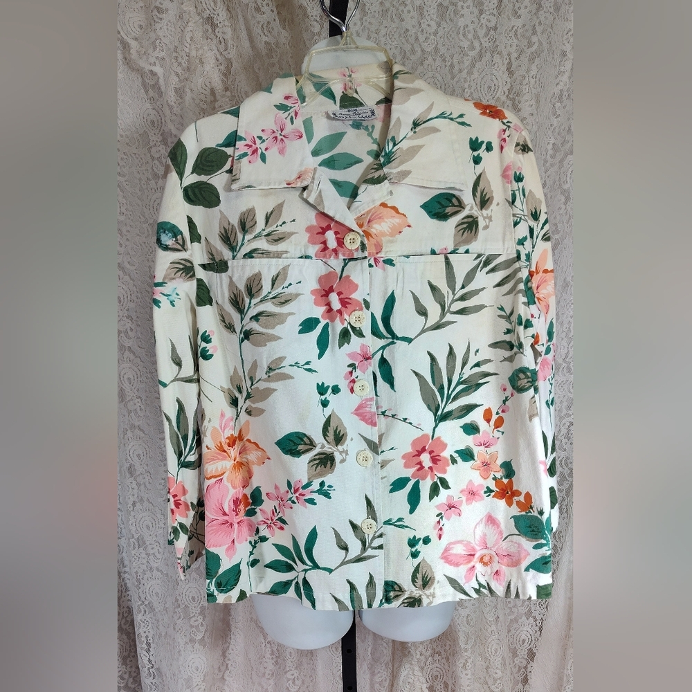 Sara Studio Flora print jacket Beige Coral Green ***See measurements***